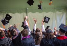 College Graduates Throwing Their Hats Up. Higher Education for Young People (Concept)