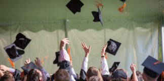 College Graduates Throwing Their Hats Up. Higher Education for Young People (Concept)
