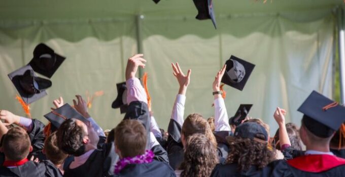 College Graduates Throwing Their Hats Up. Higher Education for Young People (Concept)